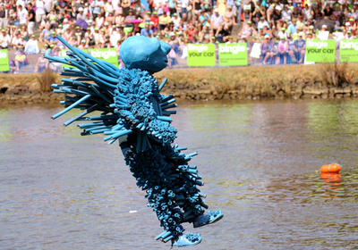飛んで水に入る青い鳥? オーストラリアで鳥人間コンテスト開催