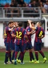 サッカー親善試合、HJKヘルシンキ（HJK Helsinki）対FCバルセロナ（FC Barcelona）。得点を喜ぶFCバルセロナの選手（2014年8月9日撮影）。(c)AFP/LEHTIKUVA/Vesa Moilanen