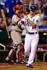 14MLBプレーオフ、ア・リーグ地区シリーズ（5回戦制）、カンザスシティ・ロイヤルズ（Kansas City Royals）対ロサンゼルス・エンゼルス・オブ・アナハイム（Los Angeles Angels of Anaheim）第3戦。3回に四球を選んだカンザスシティ・ロイヤルズの青木宣親（Norichika Aoki、2014年10月5日撮影）。(c)AFP/Getty Images/Jamie Squire