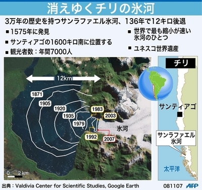 後退進むチリのサンラファエル氷河