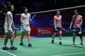 バドミントン、全英オープン、女子ダブルス準決勝。試合に臨む福島由紀/廣田彩花組（左）と松友美佐紀/高橋礼華組（2020年3月14日撮影）。 (c)Oli SCARFF / AFP