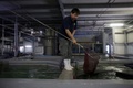 香港郊外元朗の養殖場で、魚を網ですくう従業員（2015年7月15日撮影）。(c)AFP/ISAAC LAWRENCE