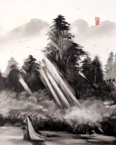 中国の男性、靴ブラシやほうきで武侠の水墨画を描く