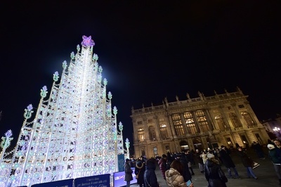 幻想的な光のクリスマスツリー、イタリア・トリノ