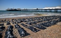 英南部ブライトンの海岸で、地中海の難民船問題をめぐる英政府の対応を非難する国際人権団体アムネスティ・インターナショナルが抗議行動の一環として並べた遺体袋（2015年4月22日撮影）。(c)AFP/BEN STANSALL