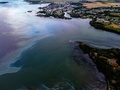 モーリシャスの上空から撮影した、貨物船わかしおから漏出した燃料が広がる海面（2020年8月6日撮影）。(c)AFP
