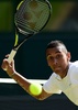 テニス、ウィンブルドン選手権（The Championships Wimbledon 2014）男子シングルス4回戦。リターンを狙うニック・キリオス（Nick Kyrgios、2014年7月1日撮影）。(c)AFP/CARL COURT