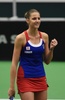 女子テニス、国別対抗戦フェドカップ、ワールドグループ1回戦、チェコ対スペイン。勝利を喜ぶチェコのカロリーナ・プリスコバ（2017年2月11日撮影）。(c)AFP/Michal Cizek