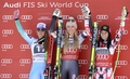 2014-15アルペンスキーW杯、女子スーパー大回転第6戦の表彰式に臨むティナ・マゼ、リンゼイ・ボン、アンナ・フェニンガー（2015年3月8日撮影）。(c)AFP/CHRISTOF STACHE