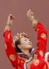 中国・北京（Beijing）の天安門広場（Tiananmen Square）で行われた聖火リレーの式典で踊る中国のダンサー（2008年8月6日撮影）。(c)AFP/BEHROUZ MEHRI