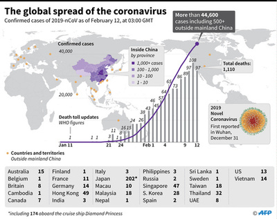 新型コロナウイルス、感染者が確認された国と地域（12日15時30分現在）