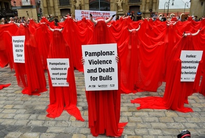 闘牛と牛追いに抗議 スペイン・パンプロナ