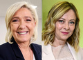 イタリアのジョルジャ・メローニ首相（右）とフランスの極右政党・国民連合（RN）のマリーヌ・ルペン氏（2024年6月10日作成）。(c)Tiziana FABI and FRANCOIS LO PRESTI / AFP