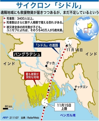【図解】バングラデシュ直撃、大型サイクロン「シドル」