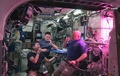 国際宇宙ステーション（ISS）で栽培されたレタスを試食する（左から）油井亀美也飛行士、チェル・リングリン飛行士、スコット・ケリー飛行士（2015年8月10日撮影）。(c)AFP/NASA TV