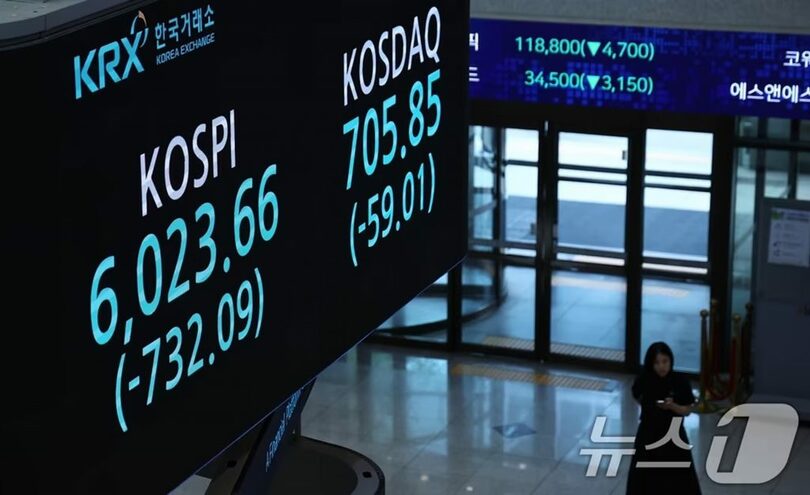 28日、ソウルの韓国取引所に表示された株価指数(c)news1