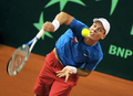 男子テニス国別対抗戦、デビスカップ（%%2009 Davis Cup%%）ワールドグループ準決勝、クロアチア対チェコ。初日はシングルス2試合が行われ、チェコが2連勝を飾り準決勝進出に王手をかけた。

　チェコは第1試合でラデク・ステパネク（%%Radek Stepanek%%）がイヴォ・カルロビッチ（%%Ivo Karlovic%%）に6-7、7-6、7-6、6-7、16-14で勝利し、第2試合ではトマス・ベルディハ（%%Tomas Berdych%%）がマリン・チリッチ（%%Marin Cilic%%）を6-3、6-3、3-6、4-6、6-3で下した。写真はサーブを放つトマス・ベルディハ。（2009年9月18日撮影）(c)AFP/HRVOJE POLAN