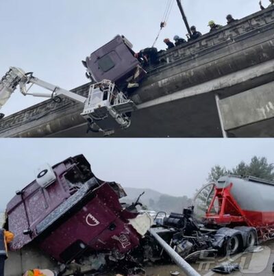 雪道でスリップしたトレーラー、橋に宙吊り…韓国・運転手は1時間後に救助