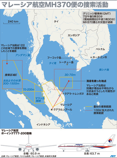 【図解】マレーシア航空MH370便の捜索活動