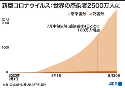 【図解】新型コロナウイルス、世界の感染者2500万人に