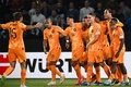 サッカー欧州選手権予選、グループB、ギリシャ対オランダ。勝利を喜ぶオランダの選手（2023年10月16日撮影）。(c)Angelos TZORTZINIS / AFP