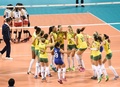女子バレーボール・ワールドグランプリ（FIVB World Grand Prix 2014）決勝ラウンド最終日、日本対ブラジル。試合に勝利し喜ぶブラジルの選手（2014年8月24日撮影）。(c)AFP/KAZUHIRO NOGI