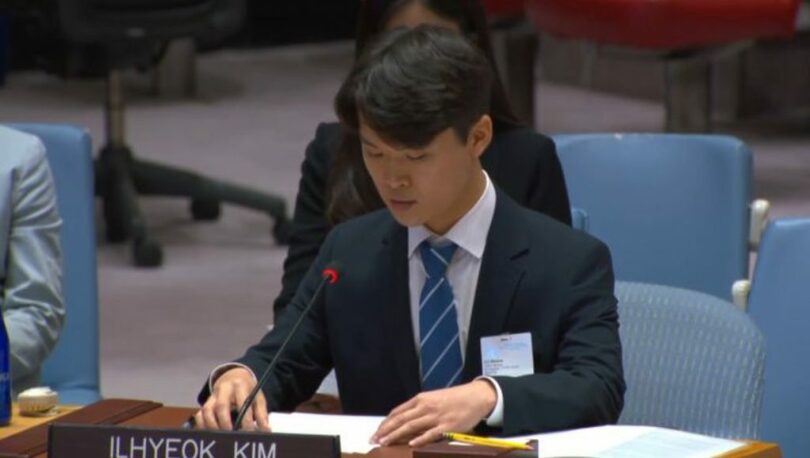 17日（現地時間）、国連安全保障理事会開催の会合で発言するキム・イルヒョク氏(c)NEWSIS