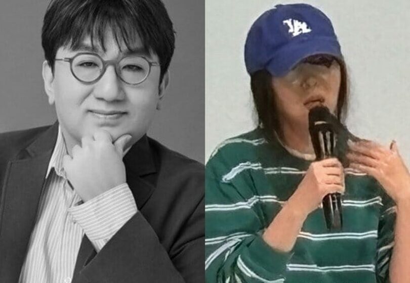 （左から）ハイブのバン・シヒョク議長、ADORのミン・ヒジン前代表(c)KOREA WAVE