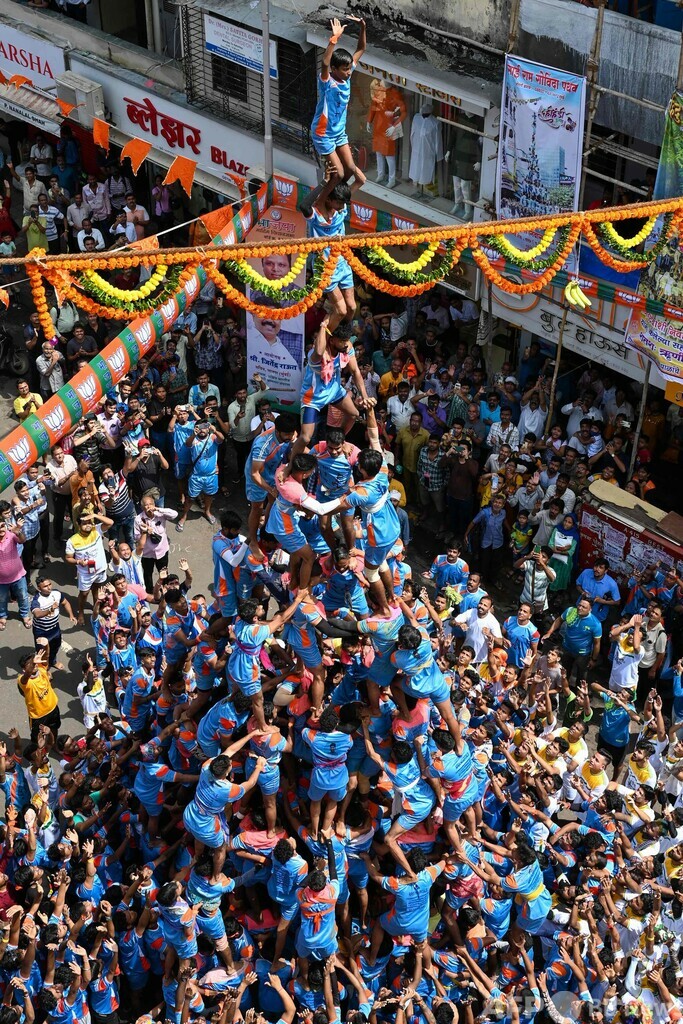 ヒンズー教の祭事で「人間ピラミッド」 インド