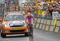 第92回ジロ・デ・イタリア（%%2009 Giro d&apos;Italia%%）第21ステージ（ローマ市街、14.4キロメートル個人タイムトライアル）。ラボバンク（%%Rabobank%%）のデニス・メンショフ（%%Denis Menchov%%、ロシア）が、首位と24秒差の19分06秒でステージを10位で終え、合計タイムを86時間03分11秒として総合優勝を果たした。写真は第21ステージに臨むデニス・メンショフ。（2009年5月31日撮影）(c)AFP/DAMIEN MEYER