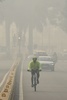 インド・ニューデリーで、濃いスモッグの中でマスクを装着して自転車に乗る人（2019年11月12日撮影）。(c)AFP/Money Sharma