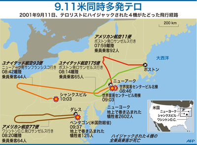 【図解】米同時多発テロ、ハイジャック機の飛行経路