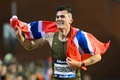 陸上、ダイヤモンドリーグ最終戦ブリュッセル大会、男子1500メートル。勝利を喜ぶヤコブ・インゲブリクトセン（2024年9月13日撮影）。(c)NICOLAS TUCAT/ AFP