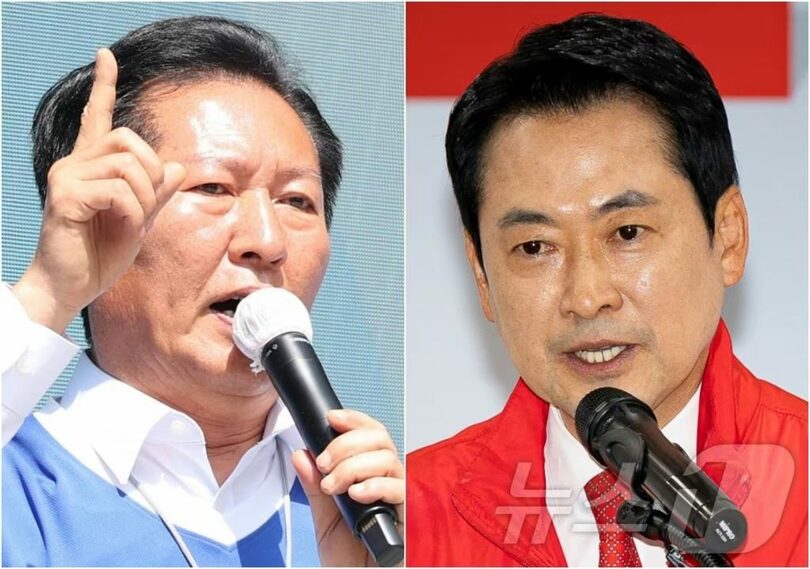 与党「共に民主党」のチョン・チョンレ代表（左）と野党「国民の力」のチャン・ドンヒョク代表(c)news1