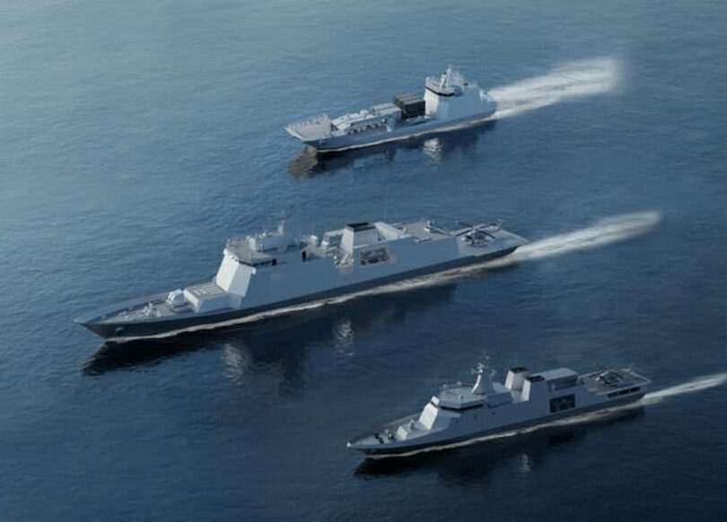HD現代重工業がペルーから受注した3400トン級護衛艦(中央)、2200トン級遠海警備艦(下)、1500トン級上陸艦(上)＝HD現代重工業(c)KOREA WAVE