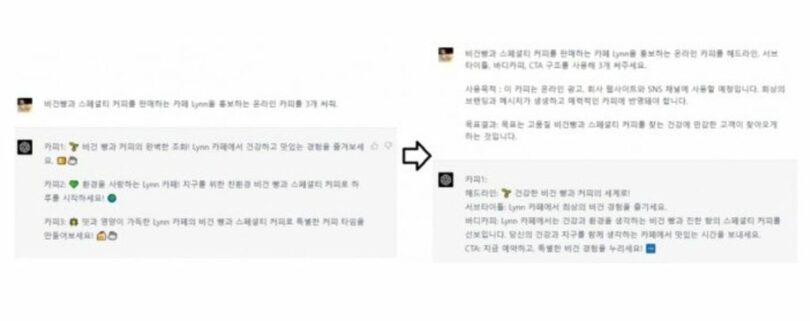 左は「オンラインコピーを書いてほしい」と要請した。右は使用目的とターゲット層を明確に記して得られたもの（チャットGPTキャプチャー）(c)MONEYTODAY