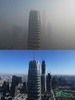 中国・北京で、スモッグに覆われた建物（上、2017年1月1日撮影）と、スモッグが発生していない時の写真（2016年12月22日撮影）。(c)AFP/GREG BAKER