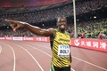 第15回世界陸上北京大会、男子4×100メートルリレー決勝。優勝を喜ぶジャマイカのウサイン・ボルト（2015年8月29日撮影）。(c)AFP/FRANCK FIFE