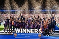 女子サッカー欧州チャンピオンズリーグ決勝、FCバルセロナ対VfLボルフスブルク。優勝を喜ぶFCバルセロナの選手ら（2023年6月3日撮影）。(c)JOHN THYS / AFP