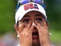 米国選抜と欧州選抜による女子ゴルフの対抗戦、第15回ソルハイムカップ最終日。優勝を決める勝利を飾り歓喜する米国選抜のリセット・サラス（2017年8月20日撮影）。(c)AFP/Getty Images/Stuart Franklin/