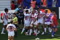 ラグビーW杯フランス大会、プールD、日本対チリ。トライを喜ぶ日本の選手（2023年9月10日撮影）。(c)Valentine CHAPUIS / AFP