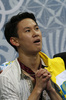 ソチ冬季五輪、フィギュアスケート男子シングル・フリースケーティング（FS）。キス・アンド・クライで得点を待つデニス・テン（Denis Ten、2014年2月14日撮影）。(c)AFP/ADRIAN DENNIS