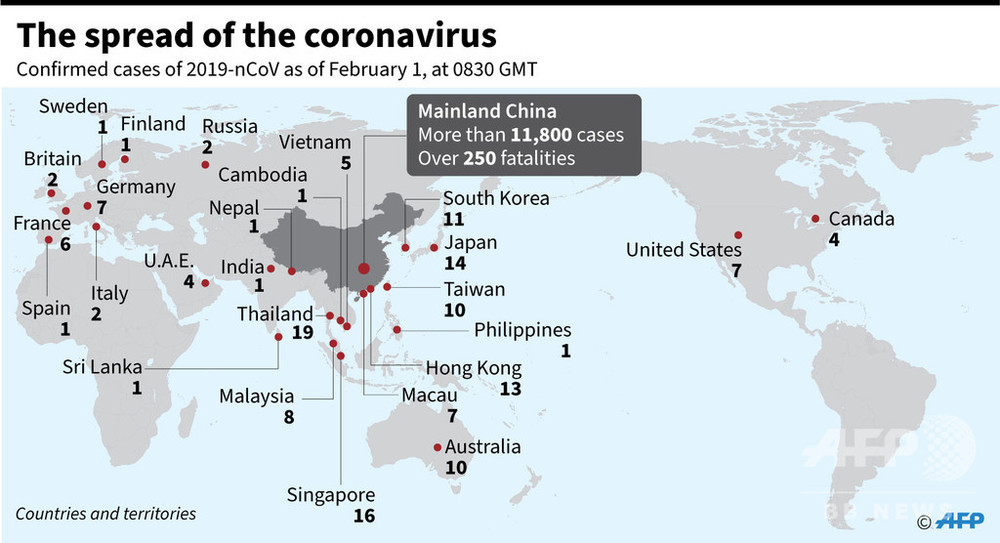 新型コロナウイルス 感染者が確認された国と地域 1日17時30分現在 写真8枚 国際ニュース Afpbb News