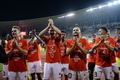 サッカー欧州選手権予選、グループF、アゼルバイジャン対オーストリア。本大会出場を決めて喜ぶオーストリアの選手（2023年10月16日撮影）。(c)TOFIK BABAYEV / AFP