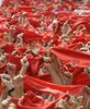 1週間にわたる牛追いが有名なスペイン北部パンプロナ（Pamplona）の祭りサン・フェルミン（San Fermin）が6日正午、「チュピナソ」と呼ばれる花火の打ち上げとともに始まりを告げた。

写真は市庁舎前で行われた「チュピナソ」を祝うために伝統の赤いスカーフを手に集まった人たち（2012年7月6日撮影）。(c)AFP