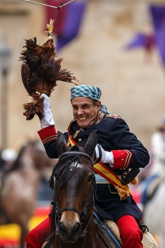 ぶら下がったおんどりの死骸の頭をもぎ取る、伝説を再現 スペイン