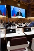 スイス・ジュネーブの国連人権理事会で、ロシアのセルゲイ・ラブロフ外相によるビデオ演説中に退席したウクライナ代表の席（2022年3月1日撮影）。(c)SALVATORE DI NOLFI / POOL / AFP