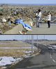 東日本大震災の被災地の震災直後の様子と、2012年1月の様子。

写真上は福島県南相馬市の津波被災地を見つめる住民（2011年3月12日撮影）。写真下は現在の様子（2012年1月11日撮影）。(c)AFP/KAZUHIRO NOGI/TORU YAMANAKA