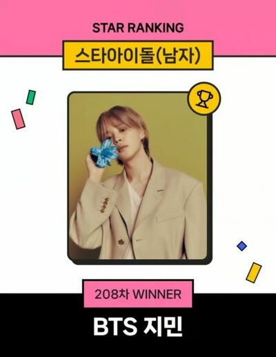 BTSジミン、男性アイドルランキングで208週連続1位