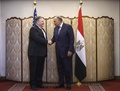エジプト・カイロで、同国のサメハ・ハッサン・シュクリ外相（右）と握手を交わすマイク・ポンペオ米国務長官（2019年1月10日撮影）。(c)ANDREW CABALLERO-REYNOLDS / POOL / AFP